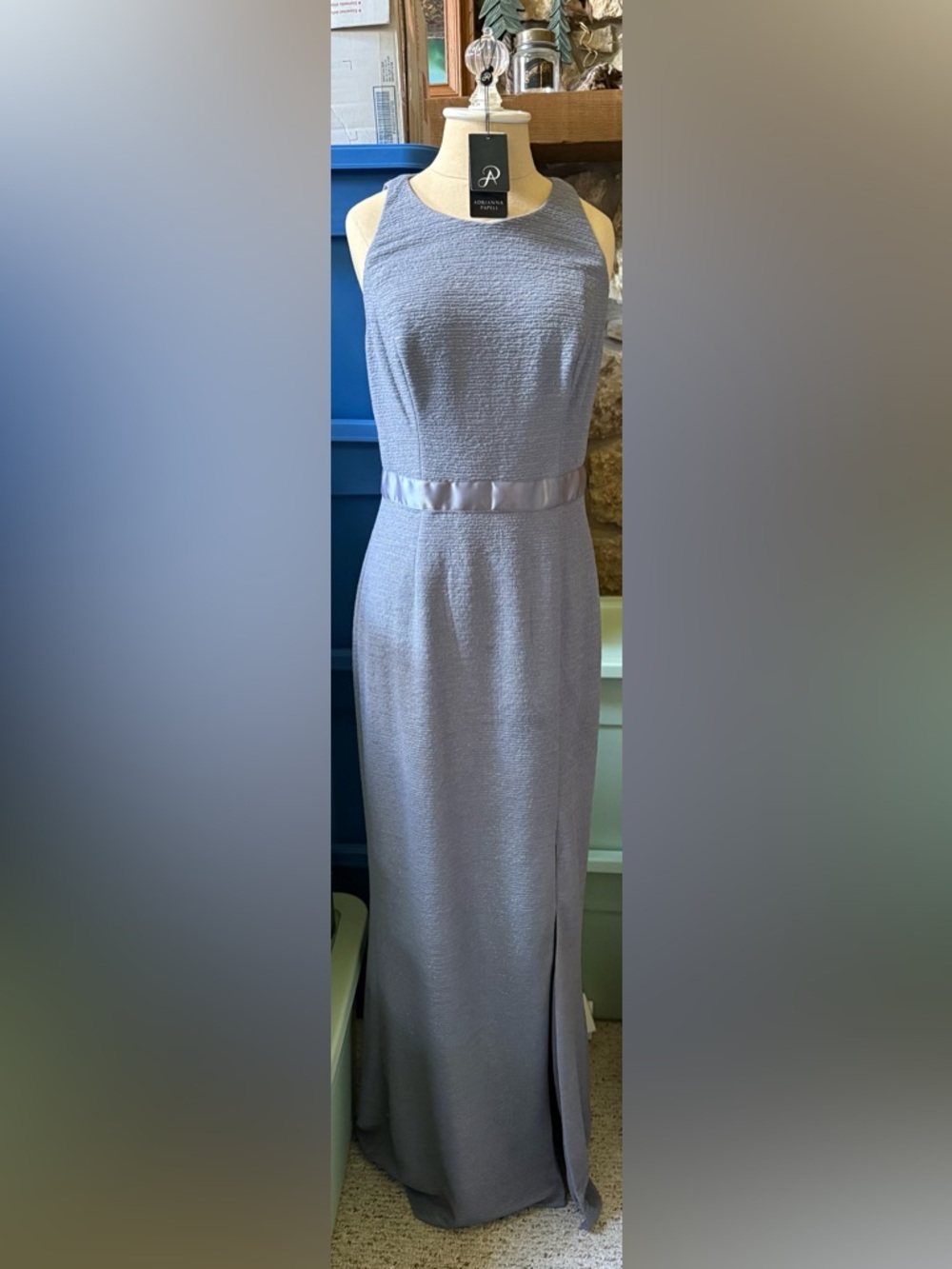 Adrianna Papell Hydrangea Metallic Knit Dress Shimmery Blue/Gray with front slit